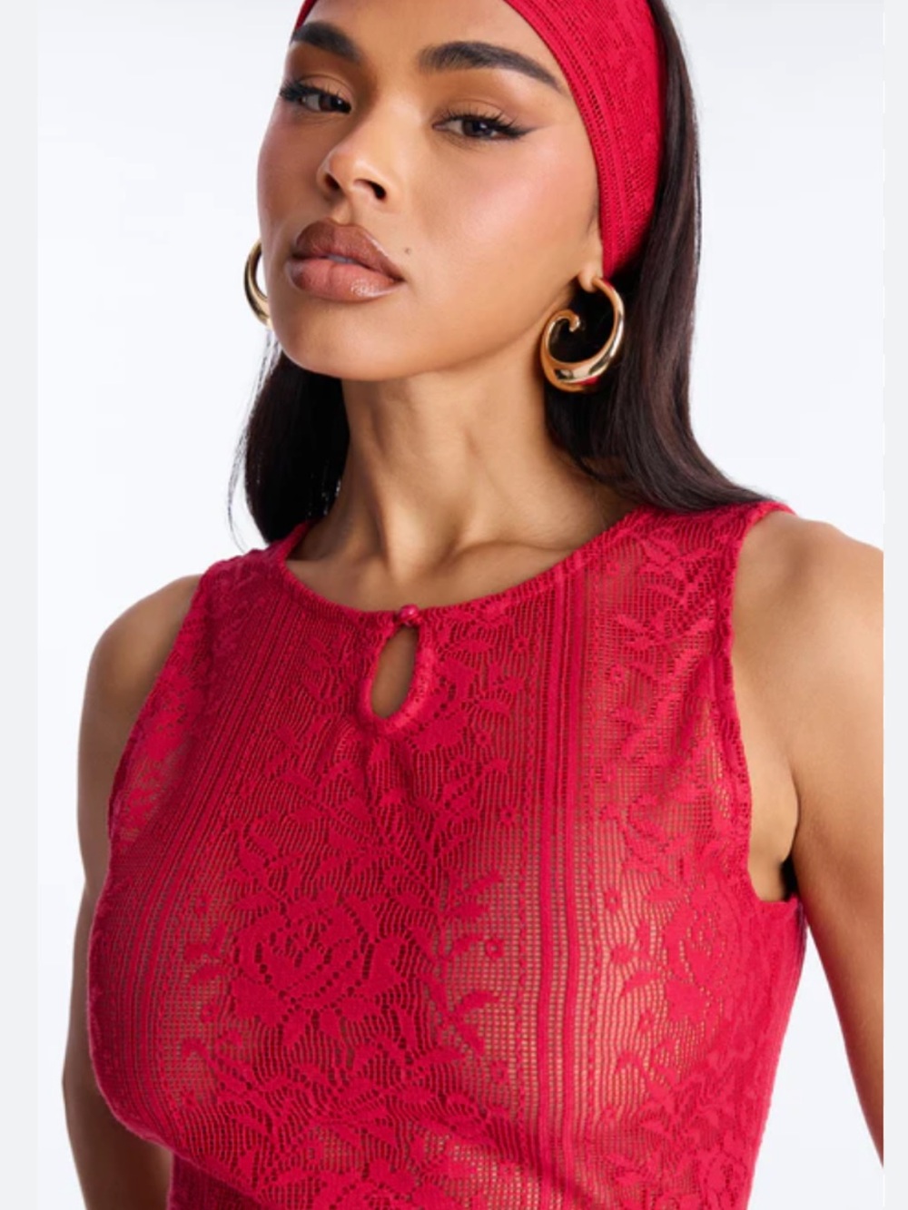Loba Red Lace Sleeveless Keyhole Crop Knit Top
